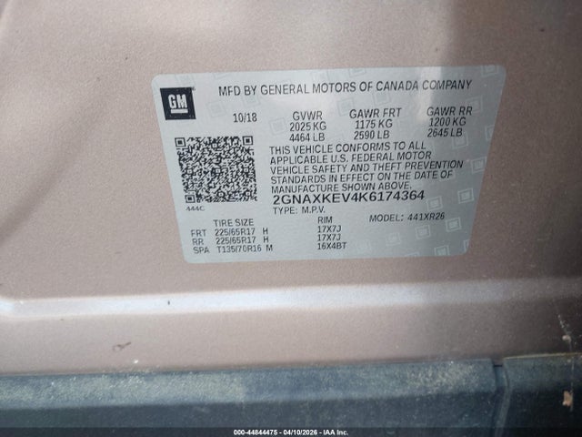 44844475 :رقم المزاد ، 2GNAXKEV4K6174364 vin ، 2019 Chevrolet Equinox Lt مزاد بيع