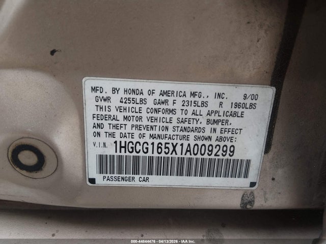 Aukcja sprzedaży 2001 Honda Accord 3.0 Ex, vin: 1HGCG165X1A009299, numer aukcji: 44844476