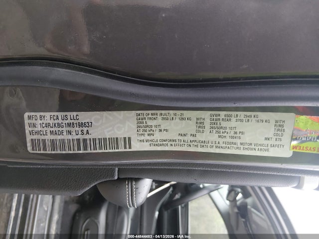 Продаж на аукціоні авто 2021 Jeep Grand Cherokee L Limited 4x4, vin: 1C4RJKBG1M8198637, номер лоту: 44844483
