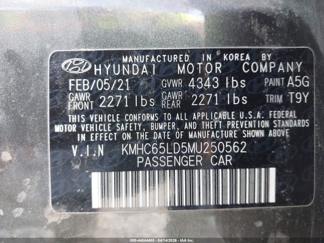 2021 Hyundai Ioniq Plug-in Hybrid Se მანქანა იყიდება აუქციონზე, vin: KMHC65LD5MU250562, აუქციონის ნომერი: 44844485
