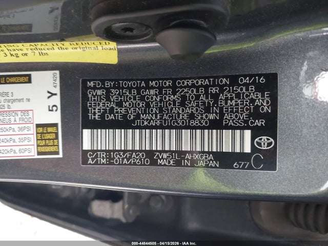 JTDKARFU1G3018830 Toyota Prius Three