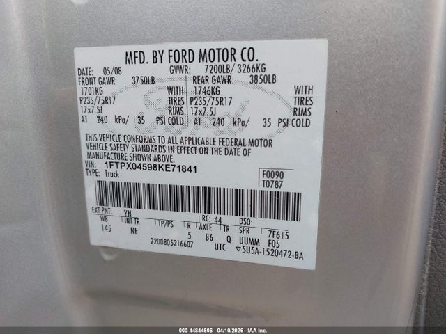 44844506 :رقم المزاد ، 1FTPX04598KE71841 vin ، 2008 Ford F-150 Xlt مزاد بيع