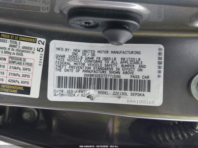 Продаж на аукціоні авто 2007 Toyota Corolla Ce, vin: 1NXBR32E07Z771596, номер лоту: 44844515