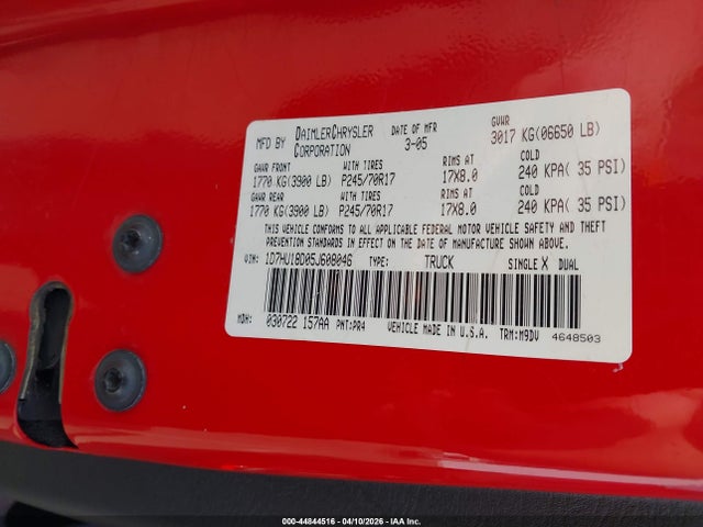44844516 :رقم المزاد ، 1D7HU18D05J608046 vin ، 2005 Dodge Ram 1500 Slt/laramie مزاد بيع