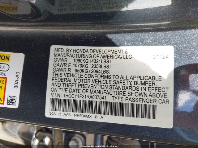 Aukcja sprzedaży 2024 Honda Accord Lx, vin: 1HGCY1F21RA037541, numer aukcji: 44844518