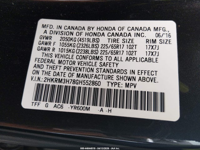 2016 Honda Cr-v Ex-l მანქანა იყიდება აუქციონზე, vin: 2HKRM3H78GH552860, აუქციონის ნომერი: 44844519