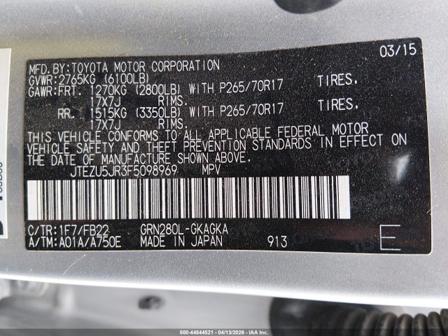 Продажа на аукционе авто 2015 Toyota 4runner Sr5, vin: JTEZU5JR3F5098969, номер лота: 44844521