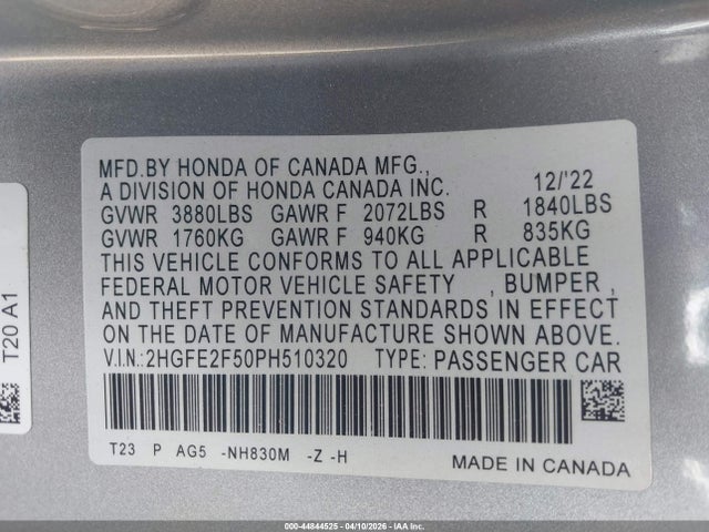 Продажа на аукционе авто 2023 Honda Civic Sport, vin: 2HGFE2F50PH510320, номер лота: 44844525