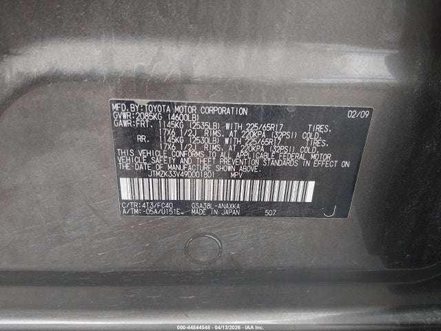 2009 Toyota Rav4 Base V6 მანქანა იყიდება აუქციონზე, vin: JTMZK33V49D001801, აუქციონის ნომერი: 44844548