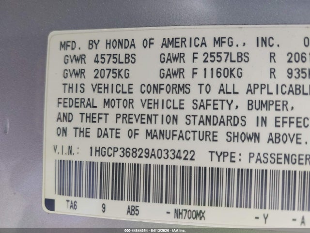 44844554 :رقم المزاد ، 1HGCP36829A033422 vin ، 2009 Honda Accord 3.5 Ex-l مزاد بيع