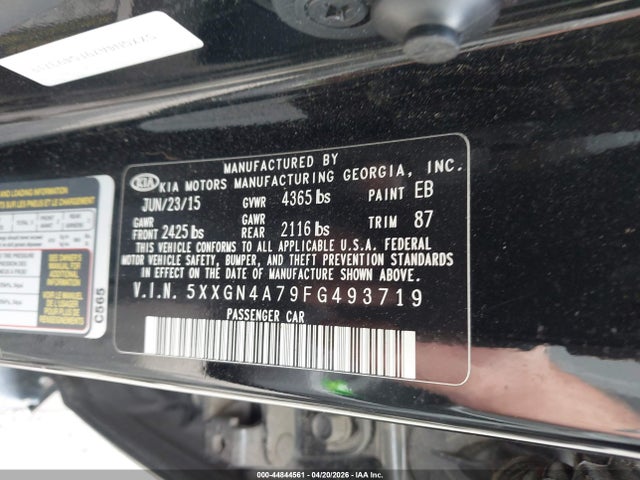44844561 :رقم المزاد ، 5XXGN4A79FG493719 vin ، 2015 Kia Optima Ex مزاد بيع