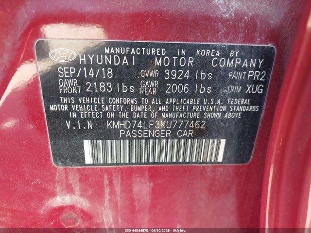 Aukcja sprzedaży 2019 Hyundai Elantra Se, vin: KMHD74LF3KU777462, numer aukcji: 44844570