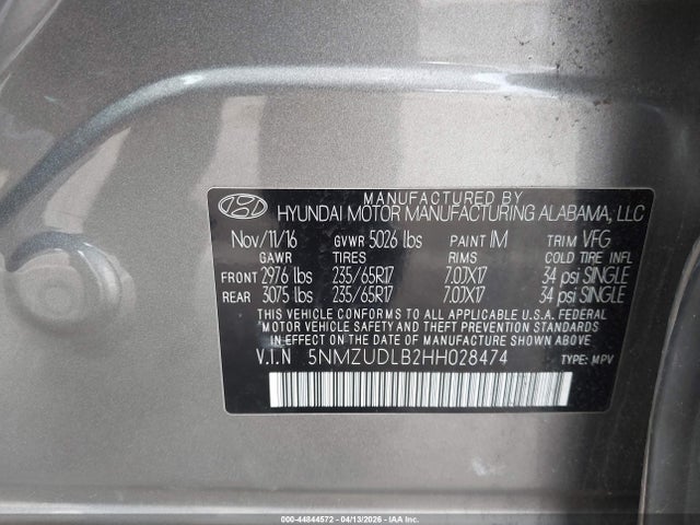 Aukcja sprzedaży 2017 Hyundai Santa Fe Sport 2.4l, vin: 5NMZUDLB2HH028474, numer aukcji: 44844572