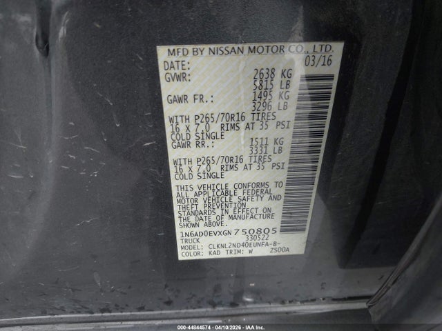 1N6AD0EVXGN750805 Nissan Frontier Sv