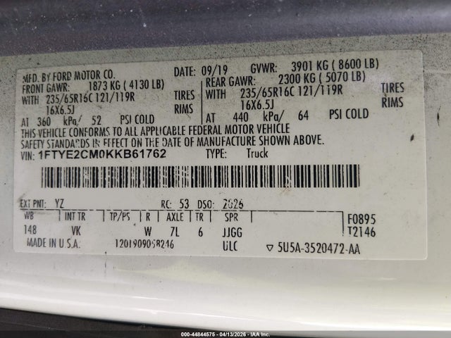 44844575 :رقم المزاد ، 1FTYE2CM0KKB61762 vin ، 2019 Ford Transit-150 مزاد بيع