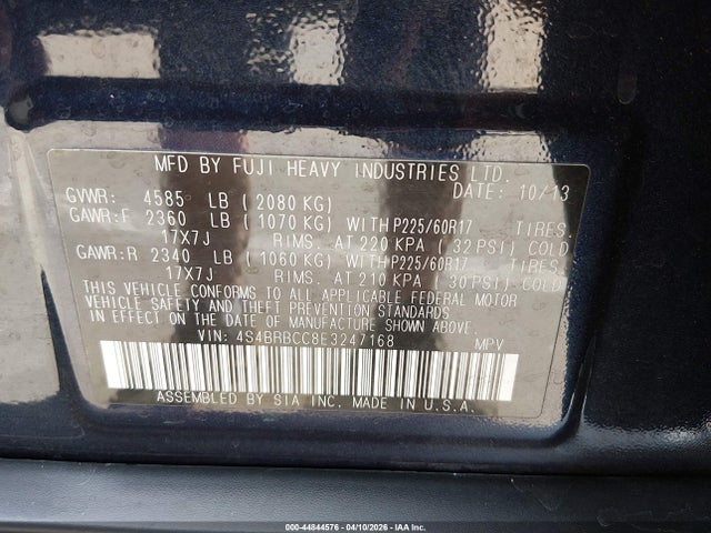44844576 :رقم المزاد ، 4S4BRBCC8E3247168 vin ، 2014 Subaru Outback 2.5i Premium مزاد بيع