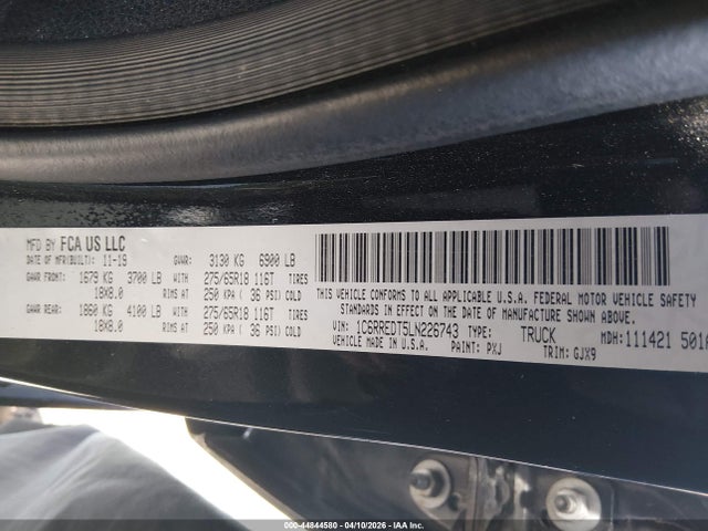 Продаж на аукціоні авто 2020 Ram 1500 Laramie  4x2 6'4 Box, vin: 1C6RREDT5LN226743, номер лоту: 44844580