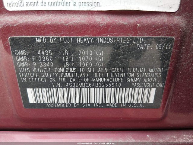Aukcja sprzedaży 2011 Subaru Legacy 2.5i Prem Awp, vin: 4S3BMBC64B3255910, numer aukcji: 44844596