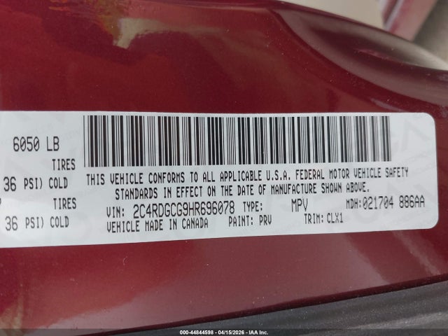 44844598 :رقم المزاد ، 2C4RDGCG9HR696078 vin ، 2017 Dodge Grand Caravan Sxt مزاد بيع