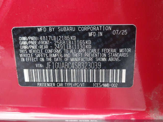44844603 :رقم المزاد ، JF1GUABC4S8323039 vin ، 2025 Subaru Impreza Base 5-door مزاد بيع