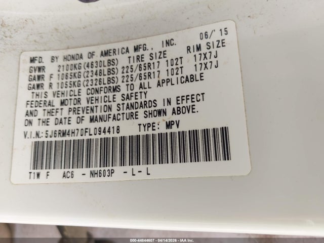 Honda Cr-v Ex-l 2015 5J6RM4H70FL094418 Image 9