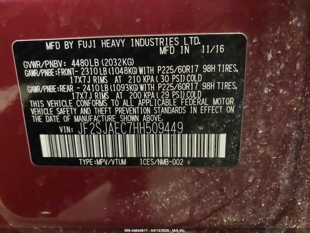Aukcja sprzedaży 2017 Subaru Forester 2.5i Premium, vin: JF2SJAEC7HH509449, numer aukcji: 44844617