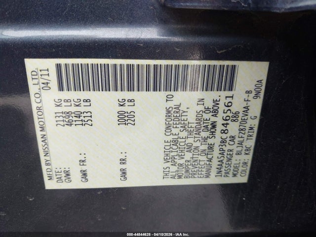 Aukcja sprzedaży 2011 Nissan Maxima 3.5 Sv, vin: 1N4AA5AP3BC846561, numer aukcji: 44844628
