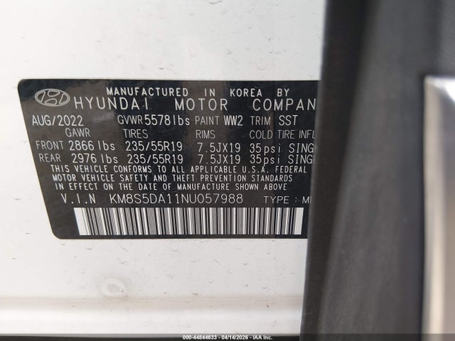 2022 Hyundai Santa Fe Hybrid Limited მანქანა იყიდება აუქციონზე, vin: KM8S5DA11NU057988, აუქციონის ნომერი: 44844633