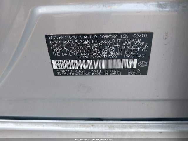 Aukcja sprzedaży 2010 Lexus Es 350, vin: JTHBK1EG0A2377706, numer aukcji: 44844638