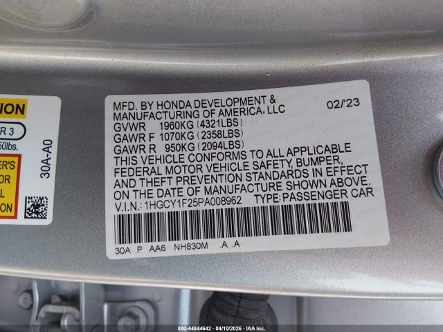 Aukcja sprzedaży 2023 Honda Accord Lx, vin: 1HGCY1F25PA008962, numer aukcji: 44844642