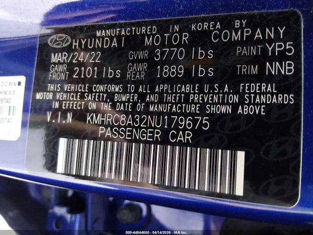 Aukcja sprzedaży 2022 Hyundai Venue Limited, vin: KMHRC8A32NU179675, numer aukcji: 44844650
