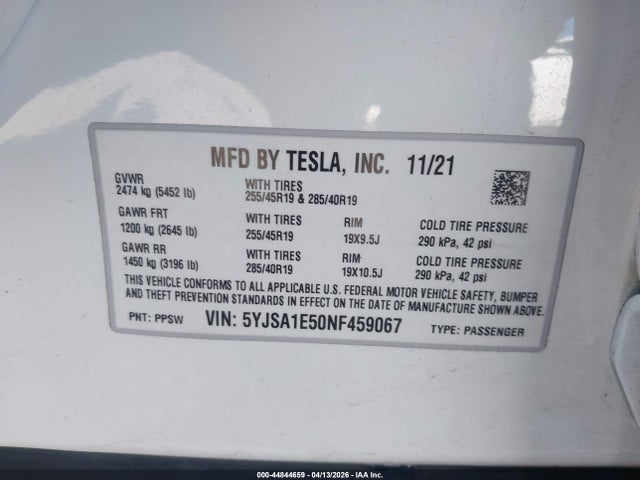 44844659 :رقم المزاد ، 5YJSA1E50NF459067 vin ، 2022 Tesla Model S Dual Motor All-wheel Drive مزاد بيع