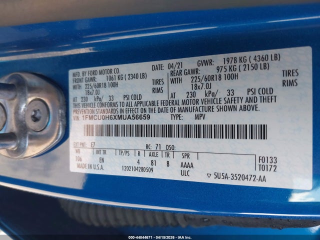 1FMCU0H6XMUA56659 Ford ESCAPE SEL
