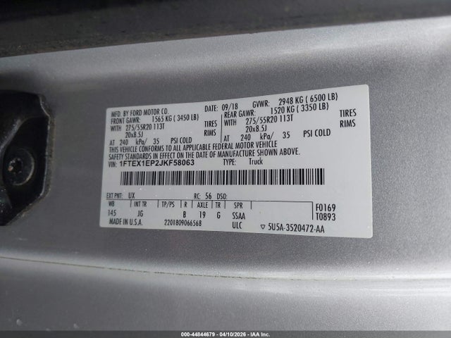 44844679 :رقم المزاد ، 1FTEX1EP2JKF58063 vin ، 2018 Ford F-150 Xl مزاد بيع