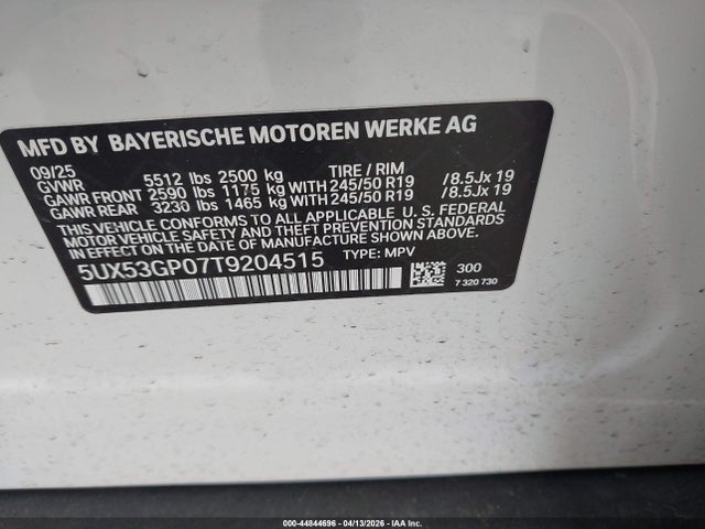 2026 Bmw X3 30 Xdrive მანქანა იყიდება აუქციონზე, vin: 5UX53GP07T9204515, აუქციონის ნომერი: 44844696