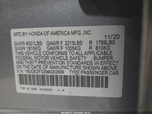 44844712 :رقم المزاد ، 19UDE2F32MA002849 vin ، 2021 Acura Ilx Standard مزاد بيع