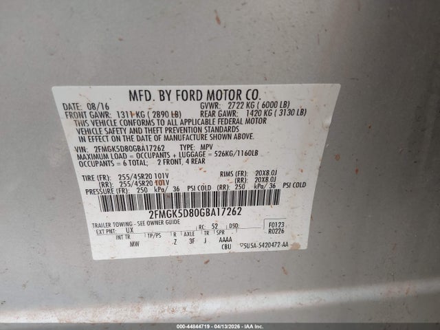 Aukcja sprzedaży 2016 Ford Flex Limited, vin: 2FMGK5D80GBA17262, numer aukcji: 44844719