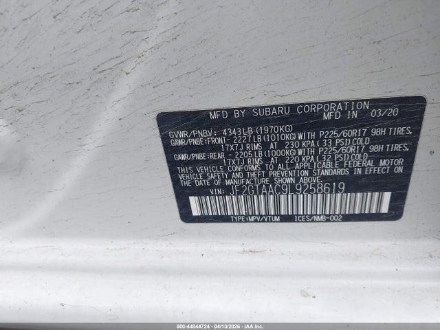 44844724 :رقم المزاد ، JF2GTAAC9L9258619 vin ، 2020 Subaru Crosstrek مزاد بيع