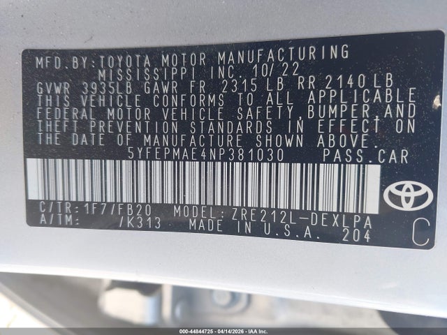 44844725 :رقم المزاد ، 5YFEPMAE4NP381030 vin ، 2022 Toyota Corolla Le مزاد بيع