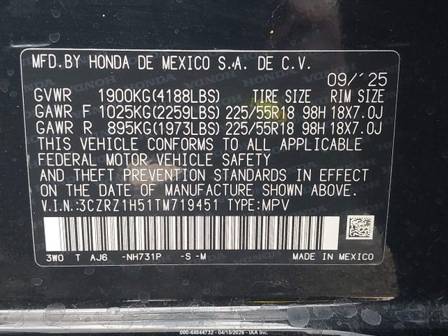 44844732 :رقم المزاد ، 3CZRZ1H51TM719451 vin ، 2026 Honda Hr-v 2wd Sport مزاد بيع