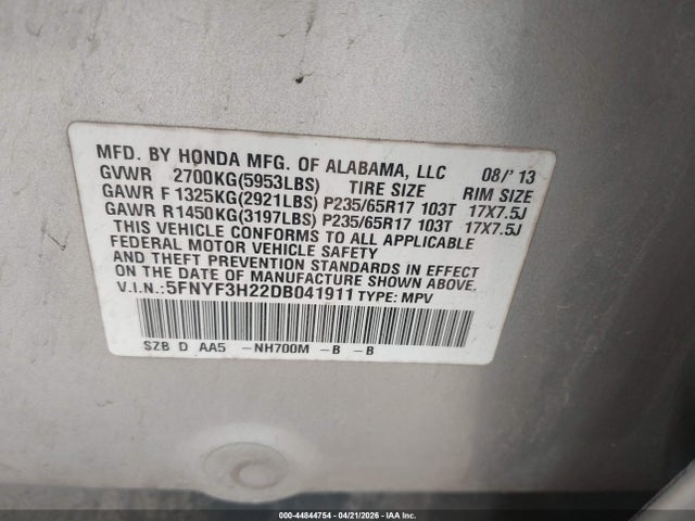 44844754 :رقم المزاد ، 5FNYF3H22DB041911 vin ، 2013 Honda Pilot Lx مزاد بيع