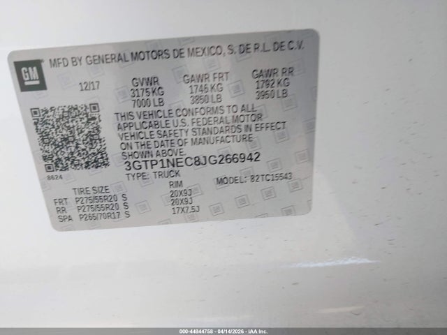 44844758 :رقم المزاد ، 3GTP1NEC8JG266942 vin ، 2018 Gmc Sierra 1500 Slt مزاد بيع