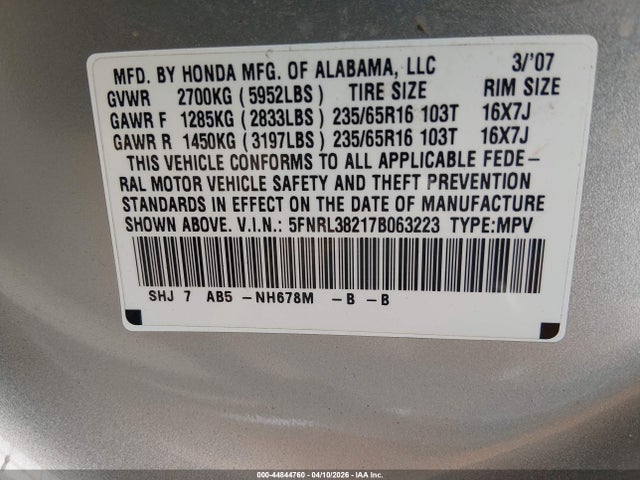 Продаж на аукціоні авто 2007 Honda Odyssey Lx, vin: 5FNRL38217B063223, номер лоту: 44844760