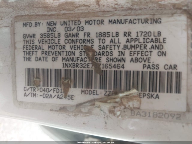 44844762 :رقم المزاد ، 1NXBR32E73Z165464 vin ، 2003 Toyota Corolla Ce/le/s مزاد بيع