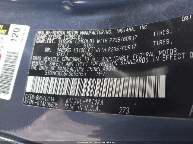 Aukcja sprzedaży 2015 Toyota Sienna Xle Premium 8 Passenger, vin: 5TDYK3DC8FS655953, numer aukcji: 44844767