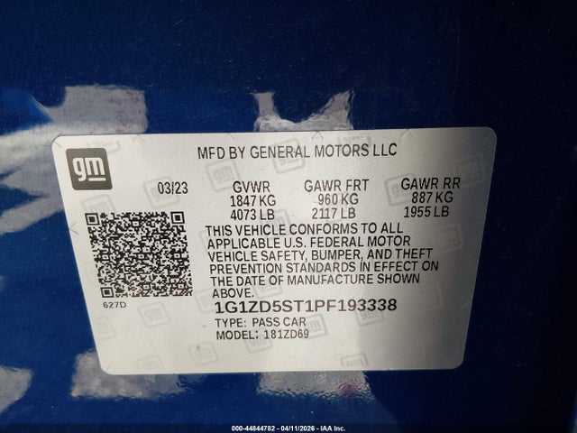 2023 Chevrolet Malibu Fwd 1lt მანქანა იყიდება აუქციონზე, vin: 1G1ZD5ST1PF193338, აუქციონის ნომერი: 44844782