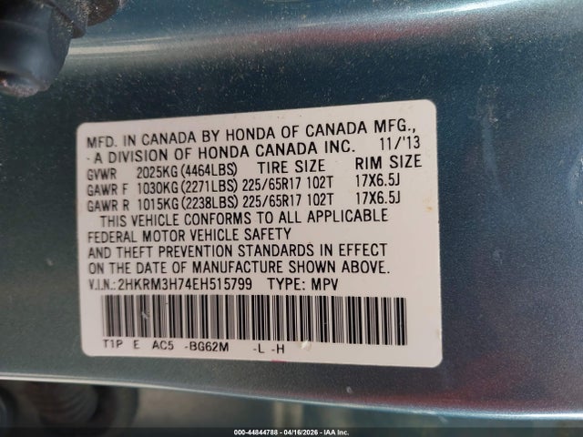 44844788 :رقم المزاد ، 2HKRM3H74EH515799 vin ، 2014 Honda Cr-v Ex-l مزاد بيع