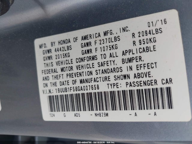 2016 Acura Tlx Tech მანქანა იყიდება აუქციონზე, vin: 19UUB1F58GA007658, აუქციონის ნომერი: 44844790