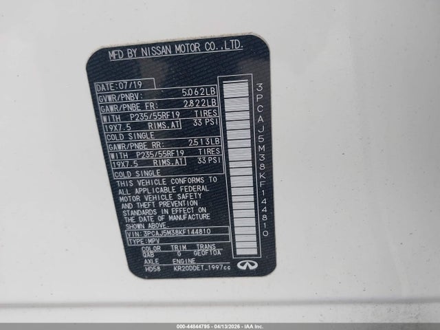 2019 Infiniti Qx50 Essential მანქანა იყიდება აუქციონზე, vin: 3PCAJ5M38KF144810, აუქციონის ნომერი: 44844795