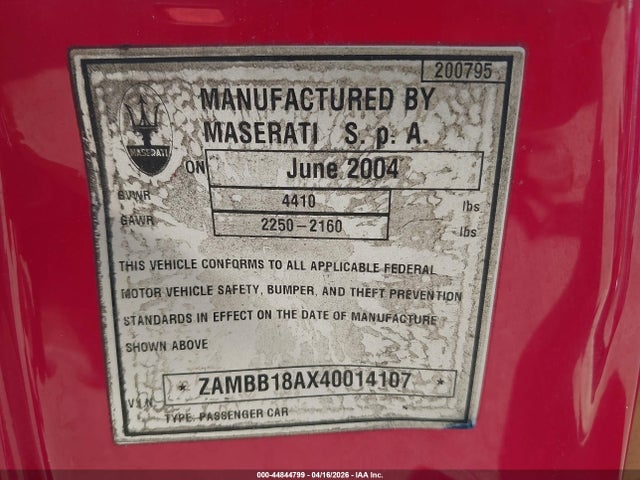 44844799 :رقم المزاد ، ZAMBB18AX40014107 vin ، 2004 Maserati Spyder Cambiocorsa/gt مزاد بيع